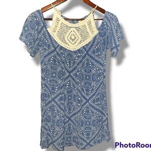 Crochet Neckline Blue White Print Cold Off Shoulder Short Sleeve Dress S Summer